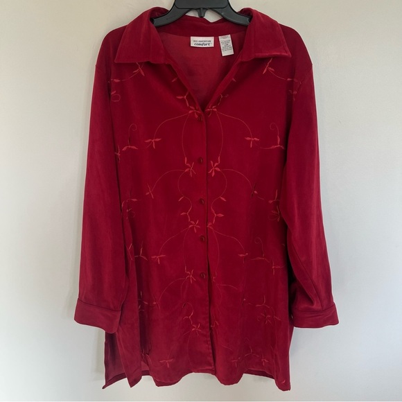 Women’s All American Button Front Tunic Top Embroidered Cranberry Moleskin 24W - Picture 1 of 11